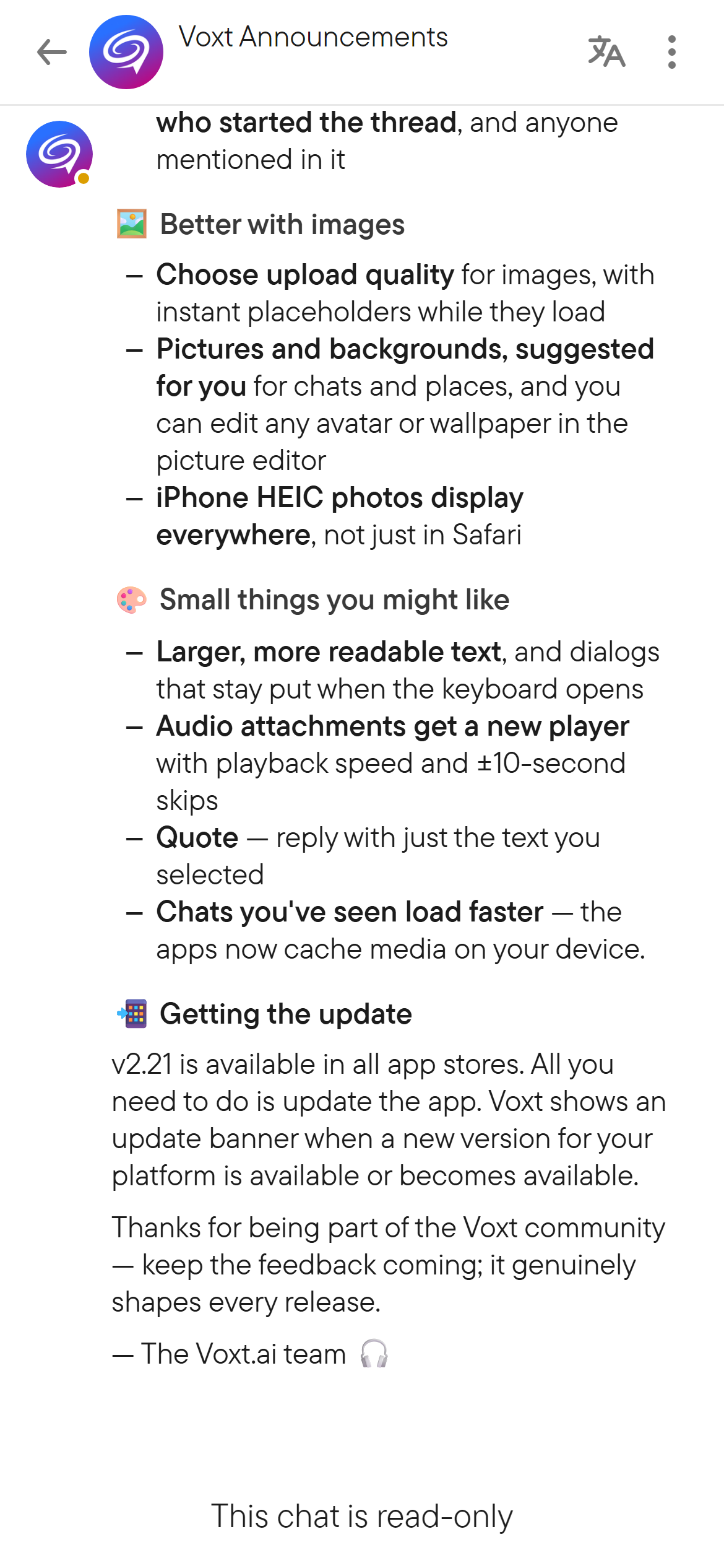 A read-only chat shows a message bar instead of the composer.