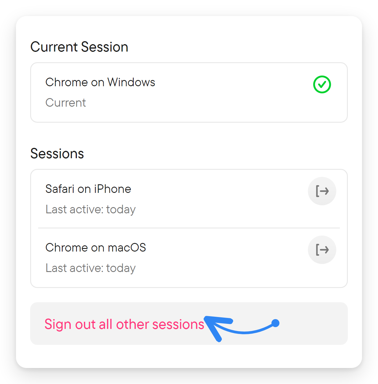 The Sessions settings with the current session, another session and a button to sign out the others.