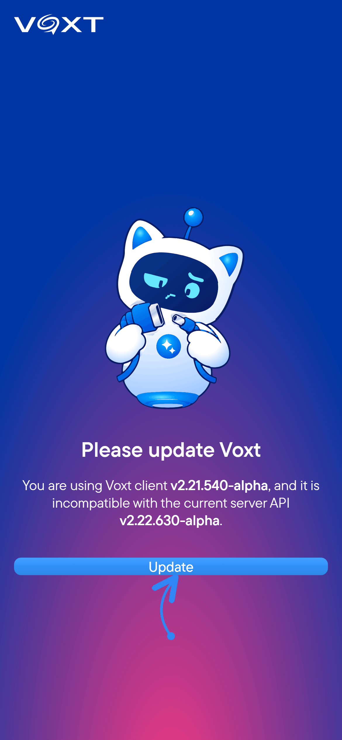 A screen asking to update Voxt with an Update button.