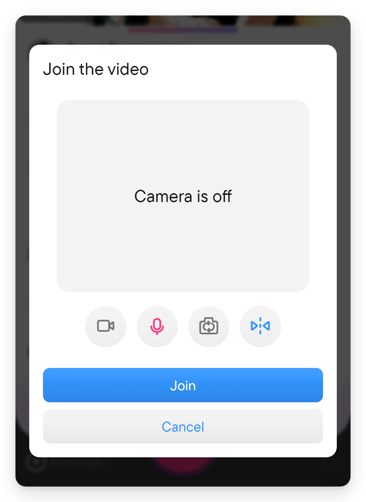 Join a running session, with or without your camera. The video preview for joining a running session with the camera switched off and the Join button marked.