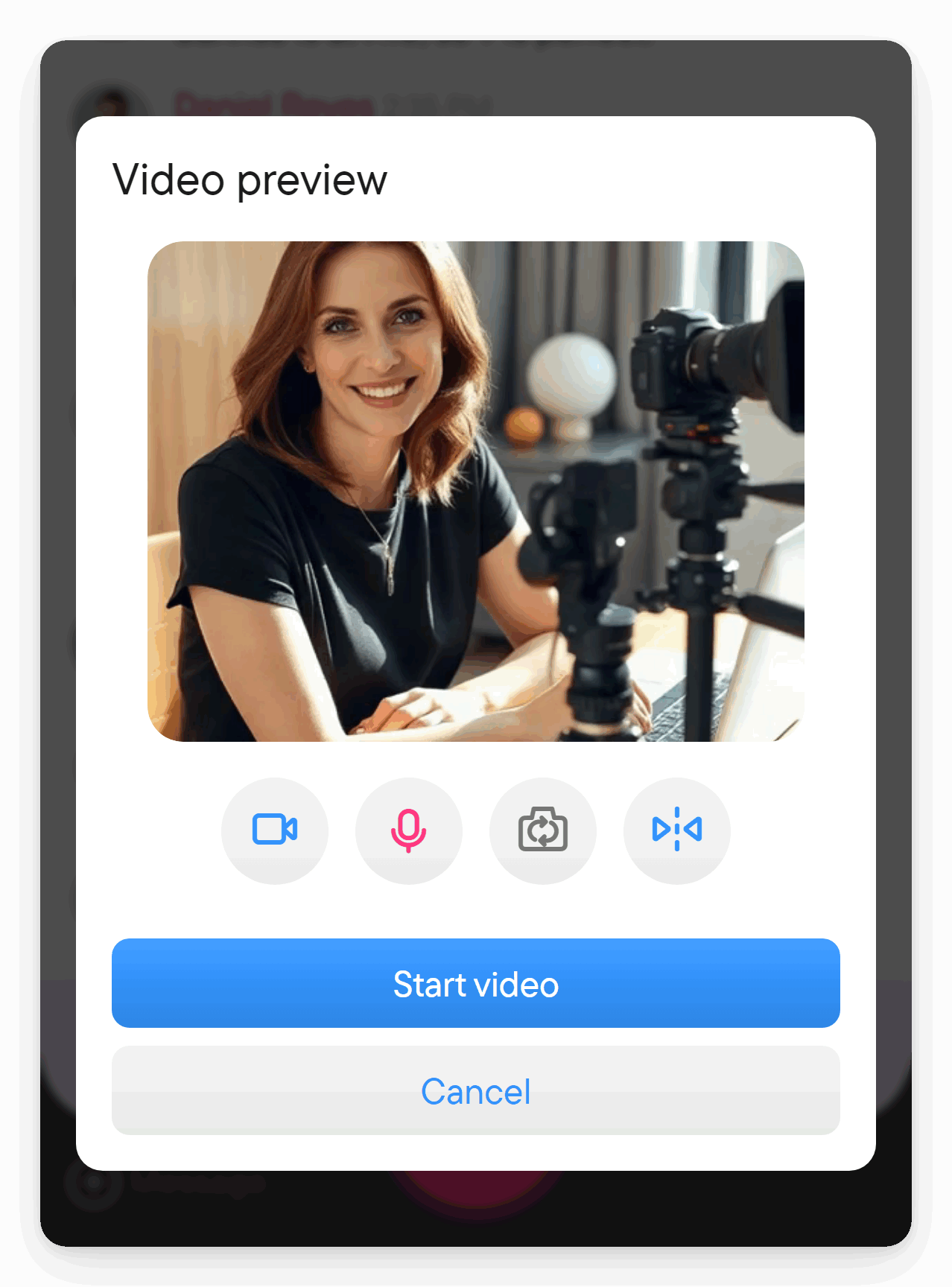 Choose what to send before you start. The Video preview dialog with a camera picture, the camera chooser, the microphone switch and the Start video button marked.