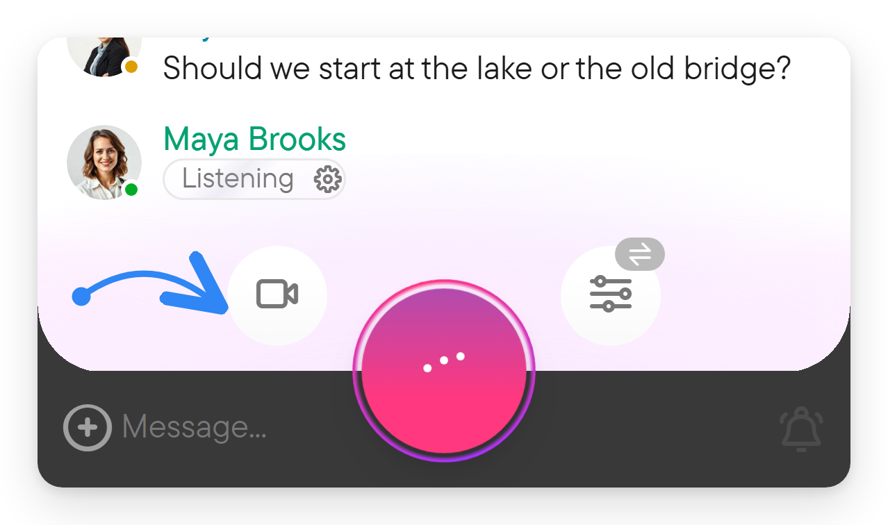 The video button appears beside the record button. The composer of a group chat while recording, with the round video camera button next to the pink record button marked.