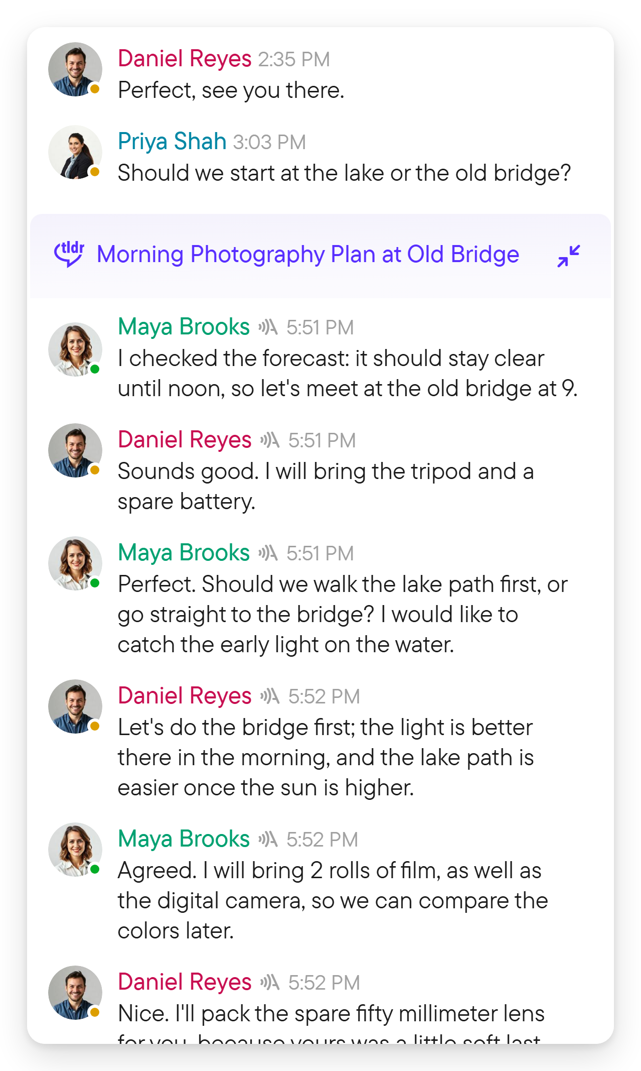 The block header stays visible while you scroll. A conversation block with its header pinned at the top while the transcript of two speakers scrolls underneath.