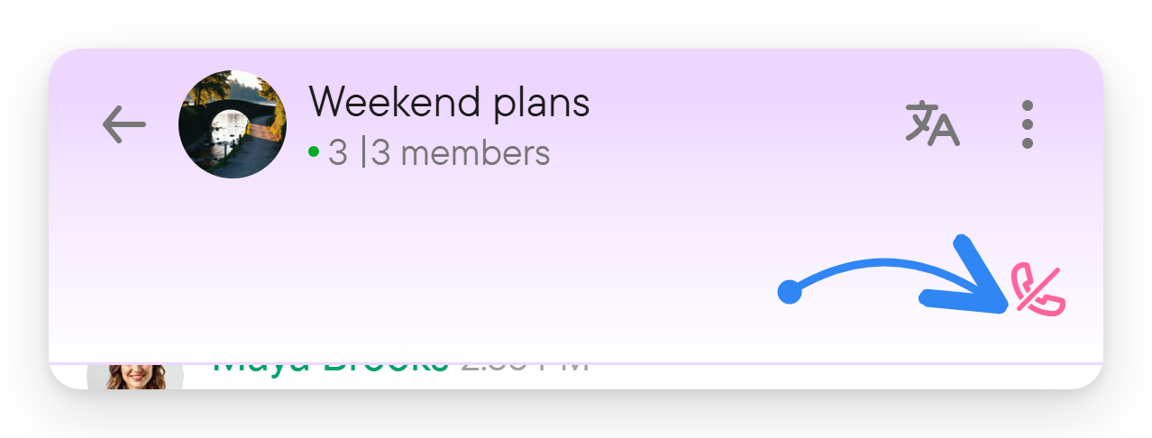 Use Hang up to leave the conversation. The header of a group chat while in a live conversation, with the Hang up control marked.