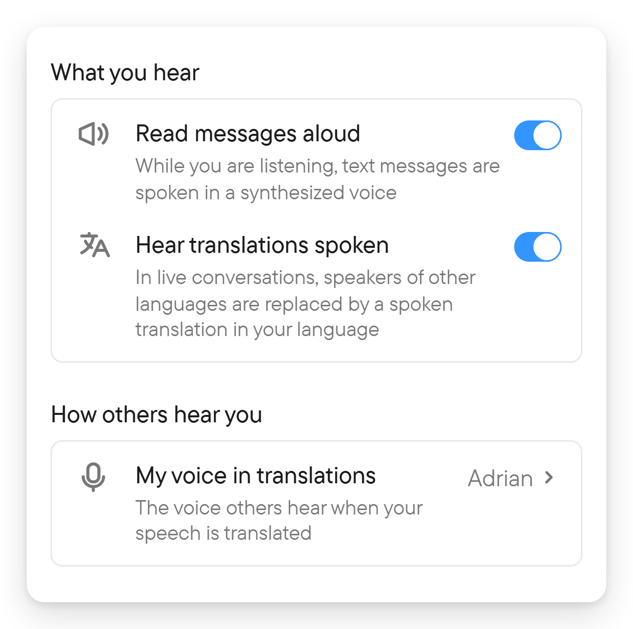 Choose what you hear and which voice others hear. The What you hear group with two switches and the How others hear you group with the My voice in translations row.