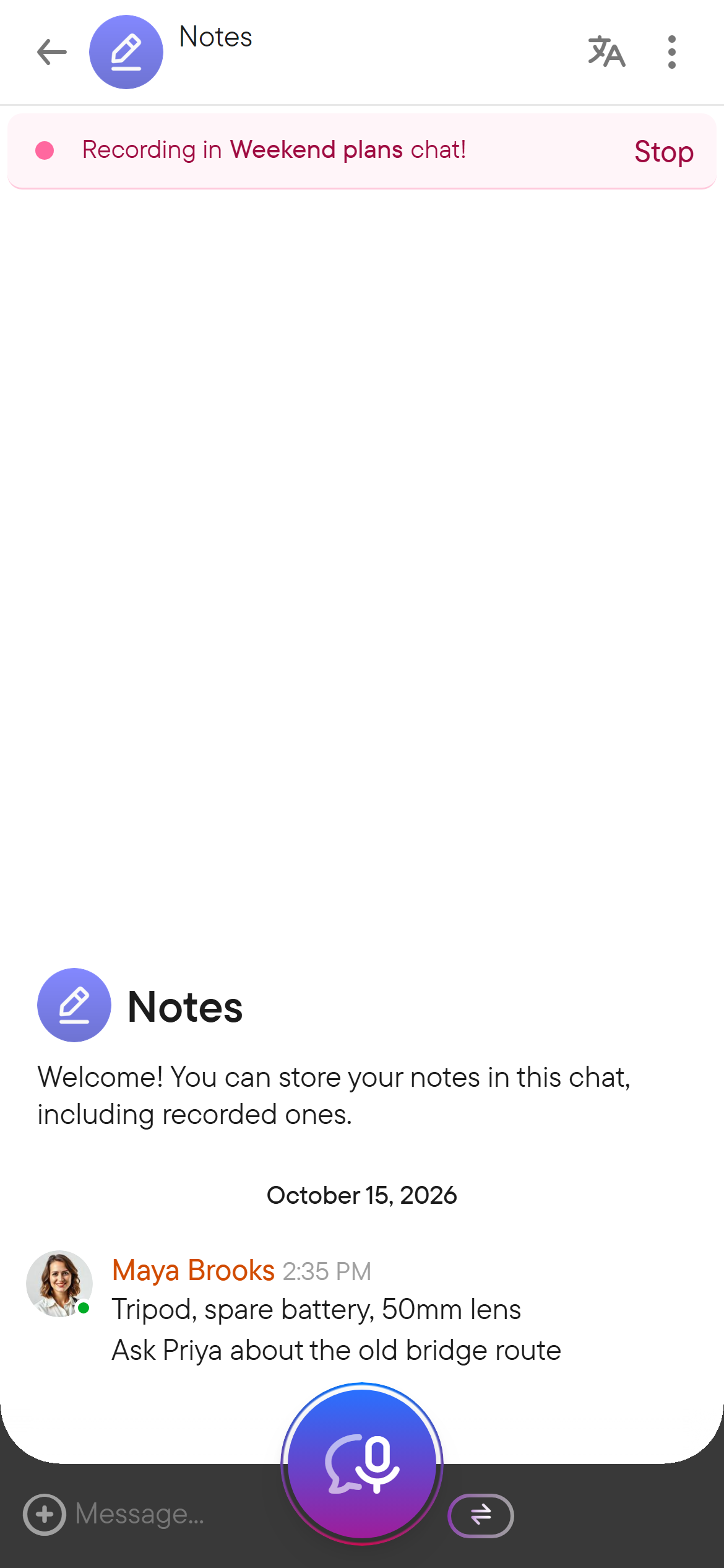 The banner names the chat that is still recording and offers Stop. The Notes chat with a banner naming Saturday photo walk, whose microphone is still running, and its Stop button marked.