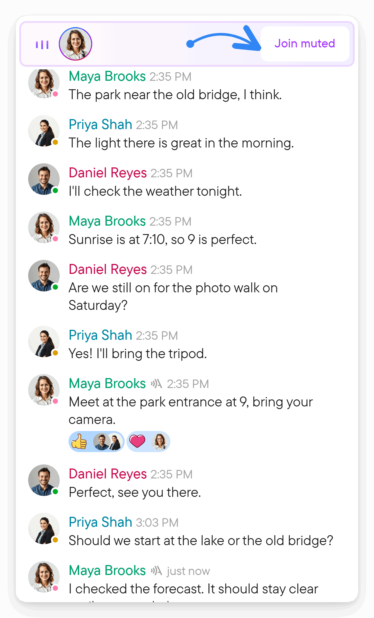 Select Join on a live conversation block to take part. A live conversation block in a group chat with a tinted header, a growing transcript from Maya and a Join button.