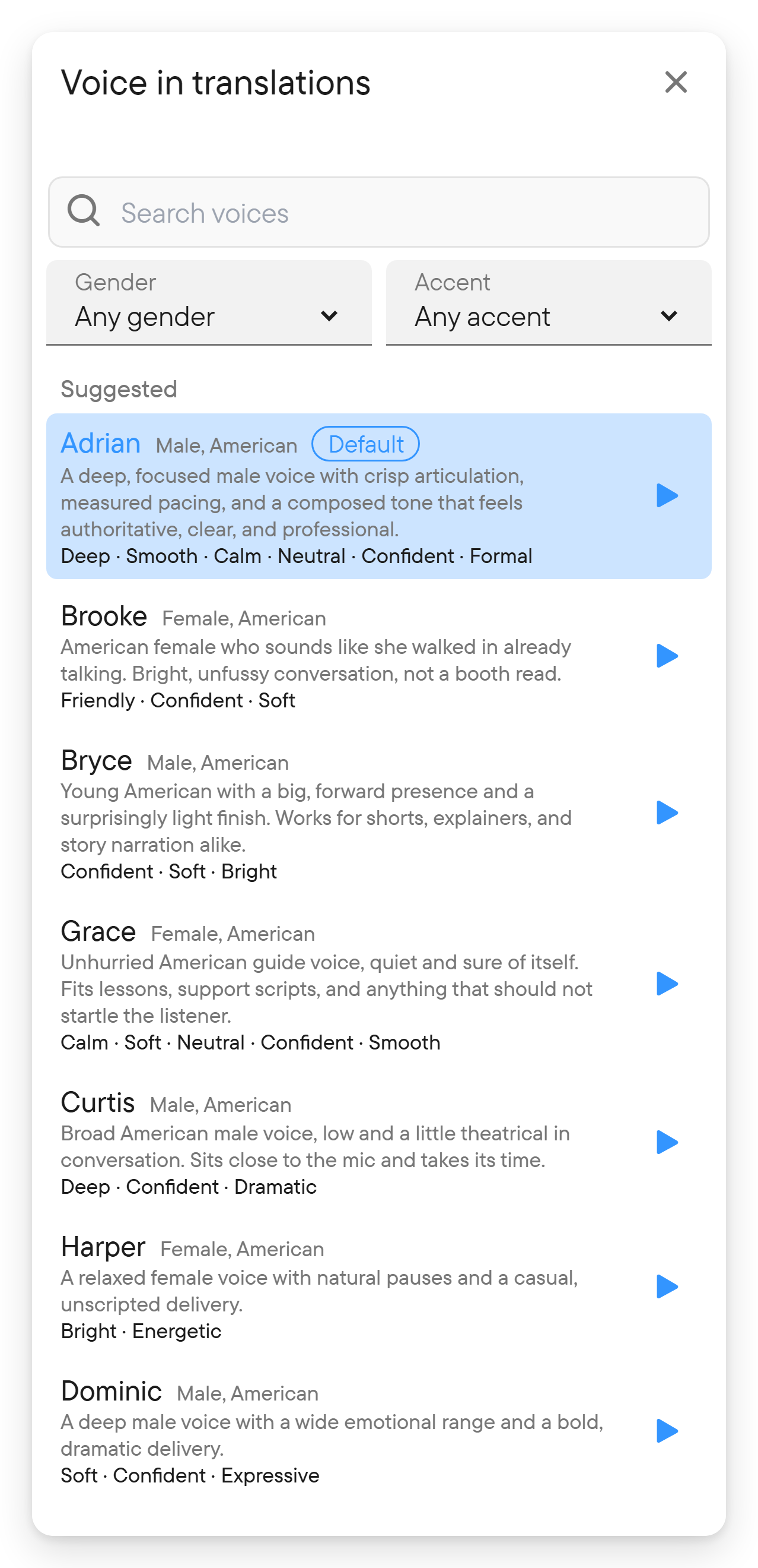 Preview a voice before you choose it. The voice picker with a search box, a Suggested section, gender and accent filters and a Preview button on each voice.